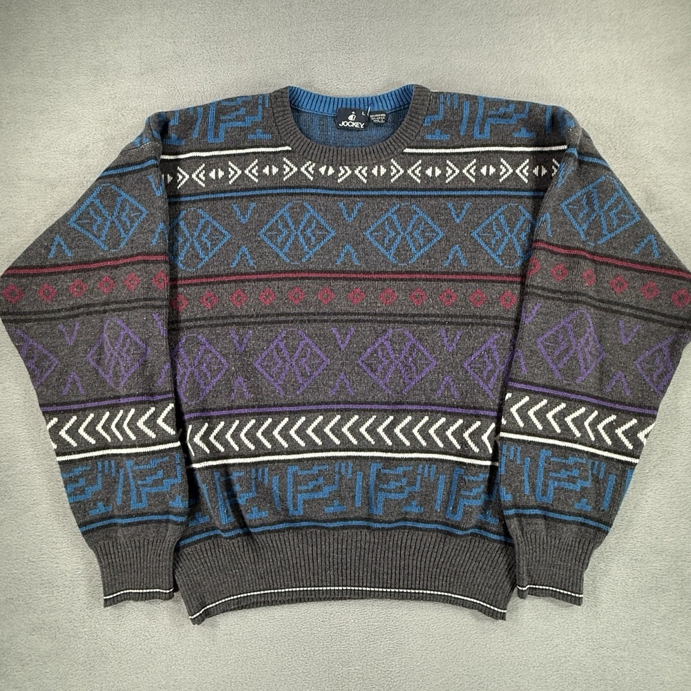 Jockey Mens Large Gray 90's Wool Blend Crewneck Long Sleeve Knit Sweater